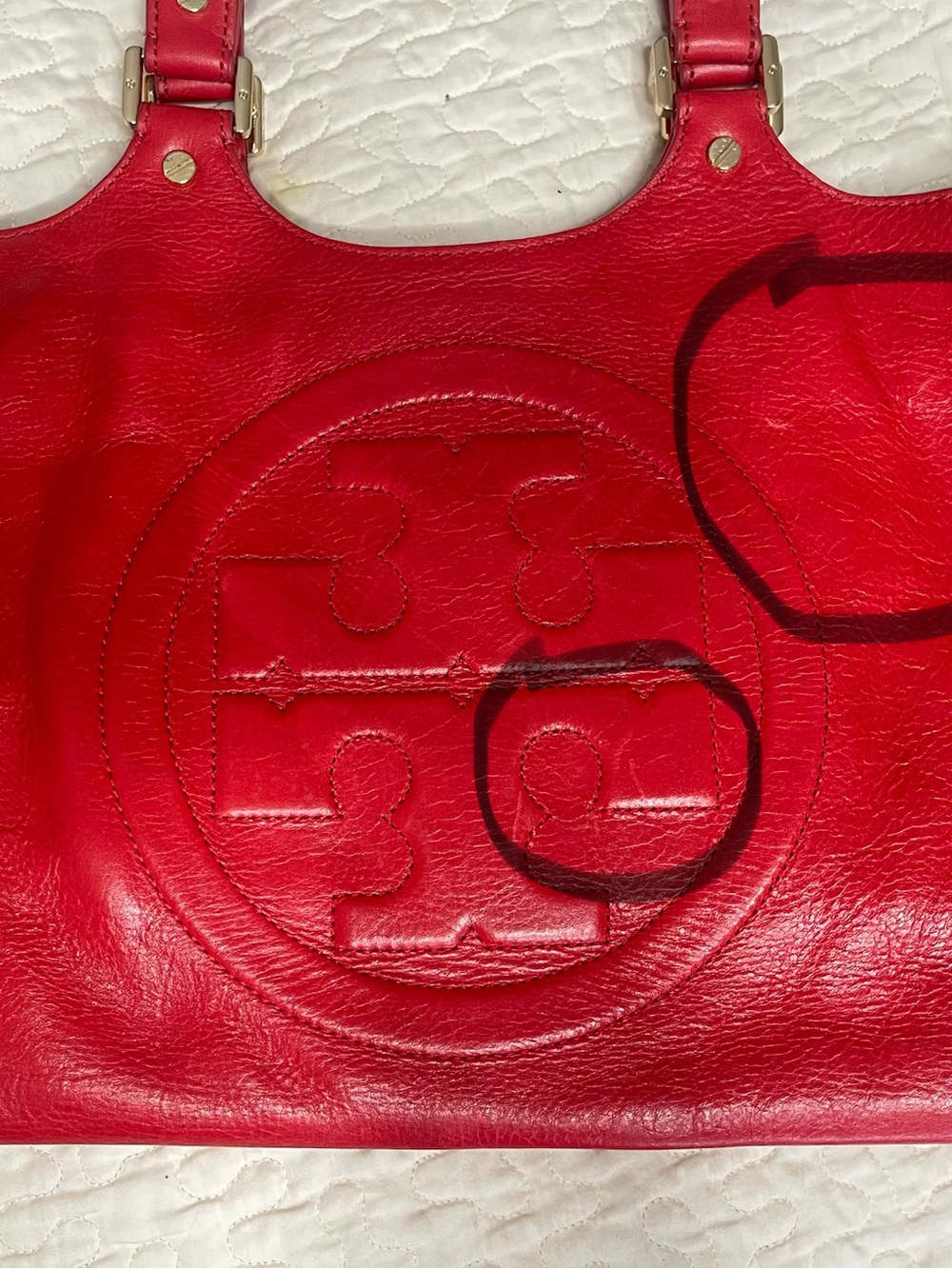 Tory Burch Ella Red Leather Large Logo Tote Bag - Picture 6 of 14